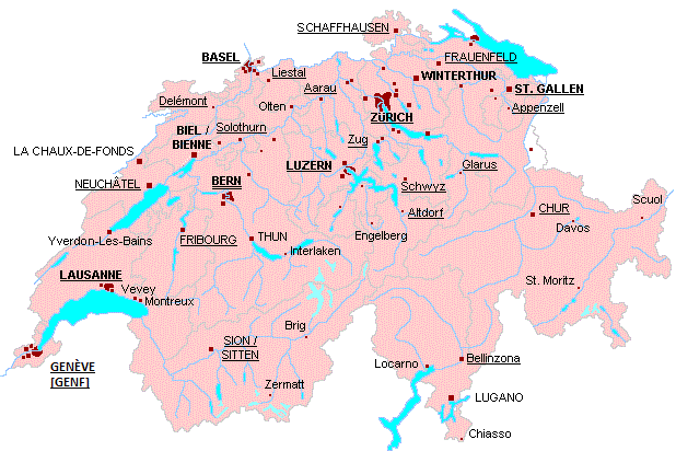 Karte der Schweiz mit den grösseren Städten